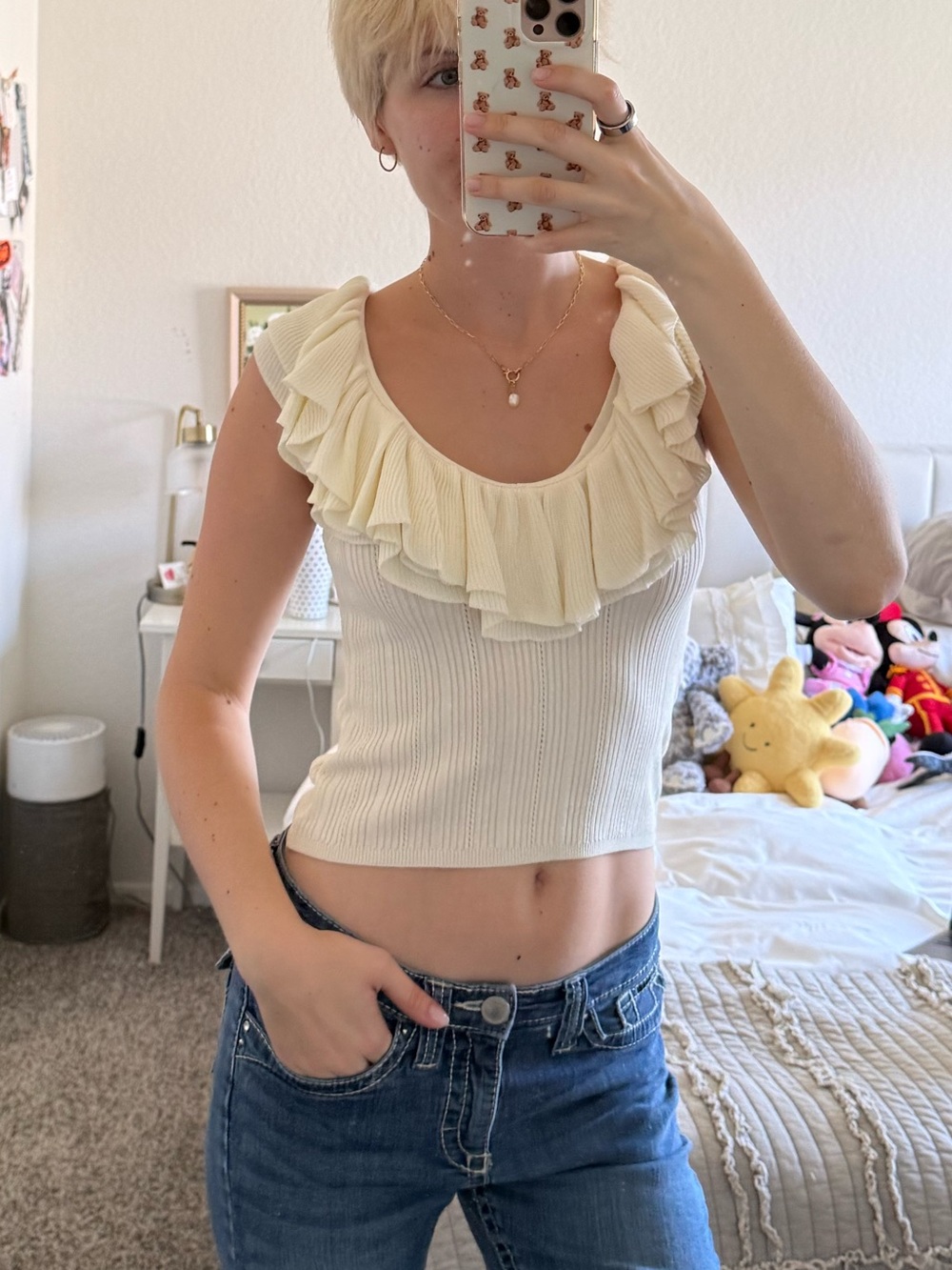 Ruffled Scoop Neck Knit Tank Top - Cream